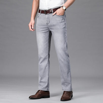Brand Men's Fashion Summer Thin Jeans Comfortable Stretch Cotton Business Straight Casual Denim Pants Light Gray Blue Pants.