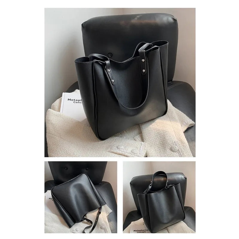 Simple Women Bucket Shoulder Bags New Solid Color Handbags Retro Large Capacity Tote Bags Large Capacity Pu Leather Bags 2024.