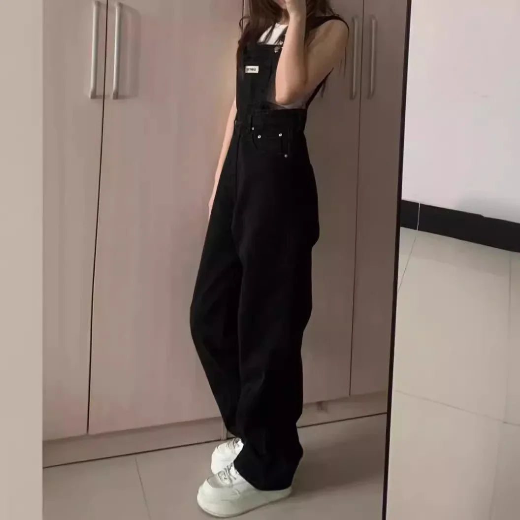 High Waist Wide Leg Jumpsuit Jeans Thin Strap Pants Korean Style Winter New Women's Loose Fit Trousers by None( AE Stock).