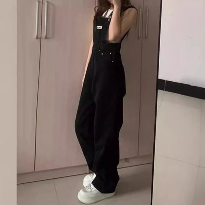 High Waist Wide Leg Jumpsuit Jeans Thin Strap Pants Korean Style Winter New Women's Loose Fit Trousers by None( AE Stock).