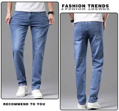 Summer Thin Men's Elastic Cotton Jeans Fashion Gray Comfortable Business Straight Casual Pants Brand Male Clothes Trousers.