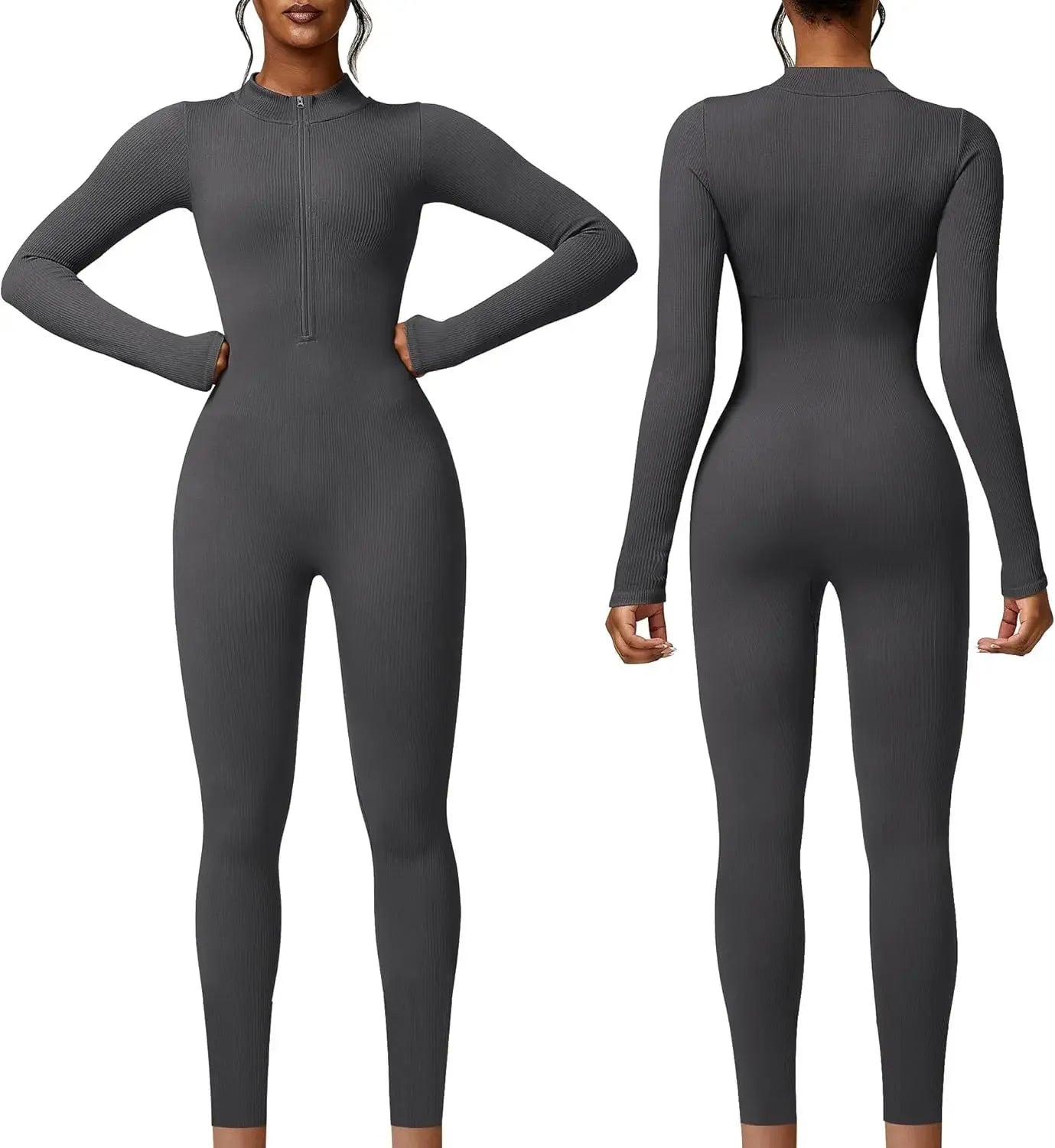 Seamless Long Sleeve Yoga Suit Waist-Fitted Shaping Trousers Casual Sports One-Piece Zippered Fitness Wear