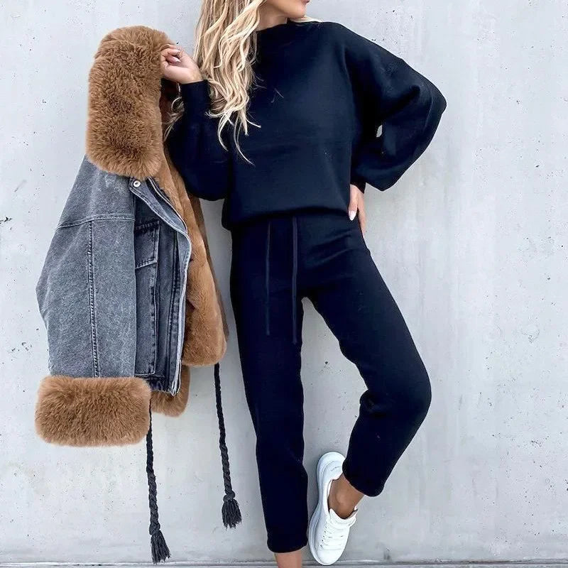 2 Piece Suit Sports for Women's Solid Color Fashion Casual Outfits Set Loungewear Long Sleeve Wide Leg Pants Streetwear.