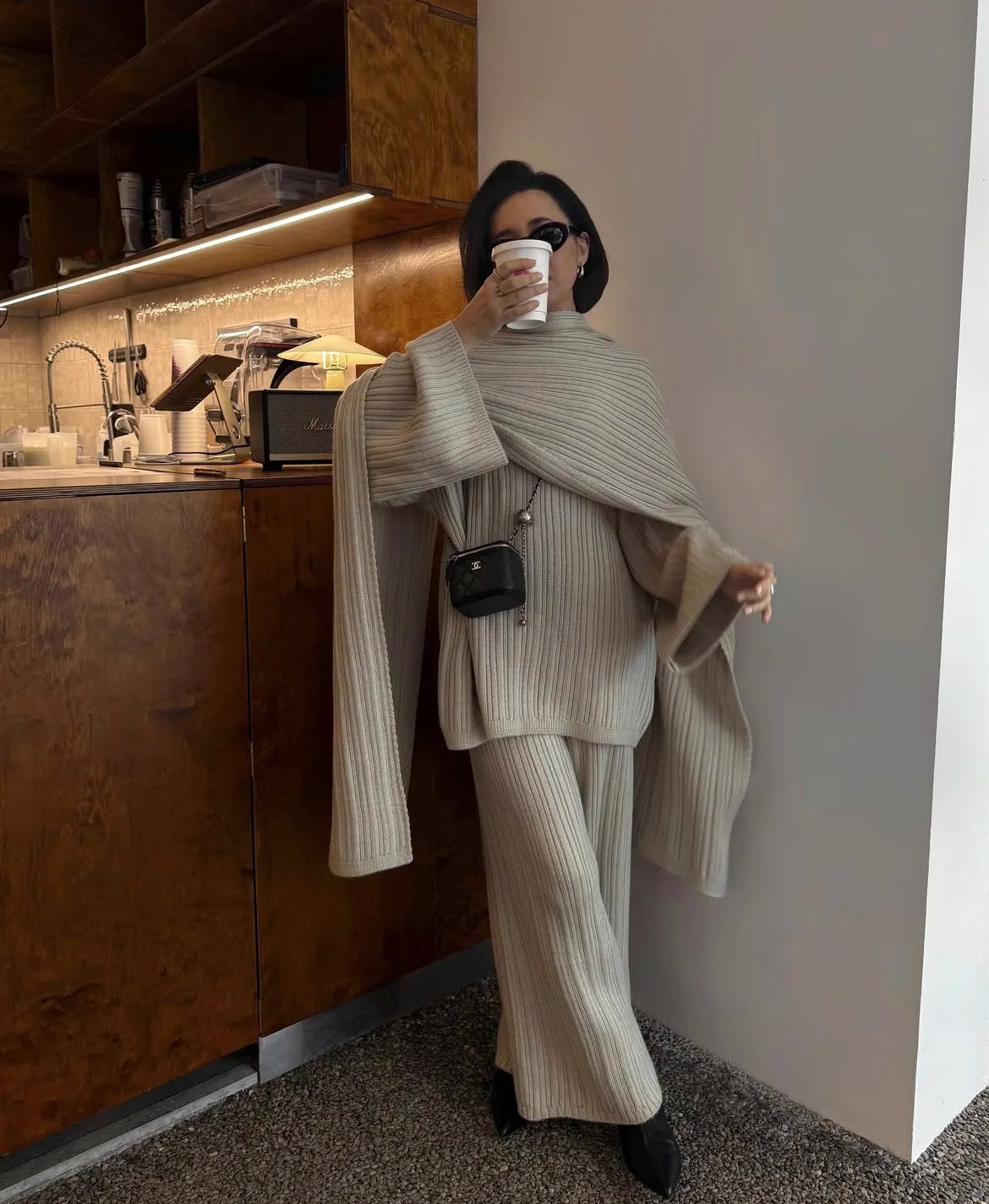 Hirsionsan Soft Elegant Vintage Women Suits 3 Pieces Female Sets O Neck Sweater & Wild Leg Pants with Scarf Knitted TrackSuit.