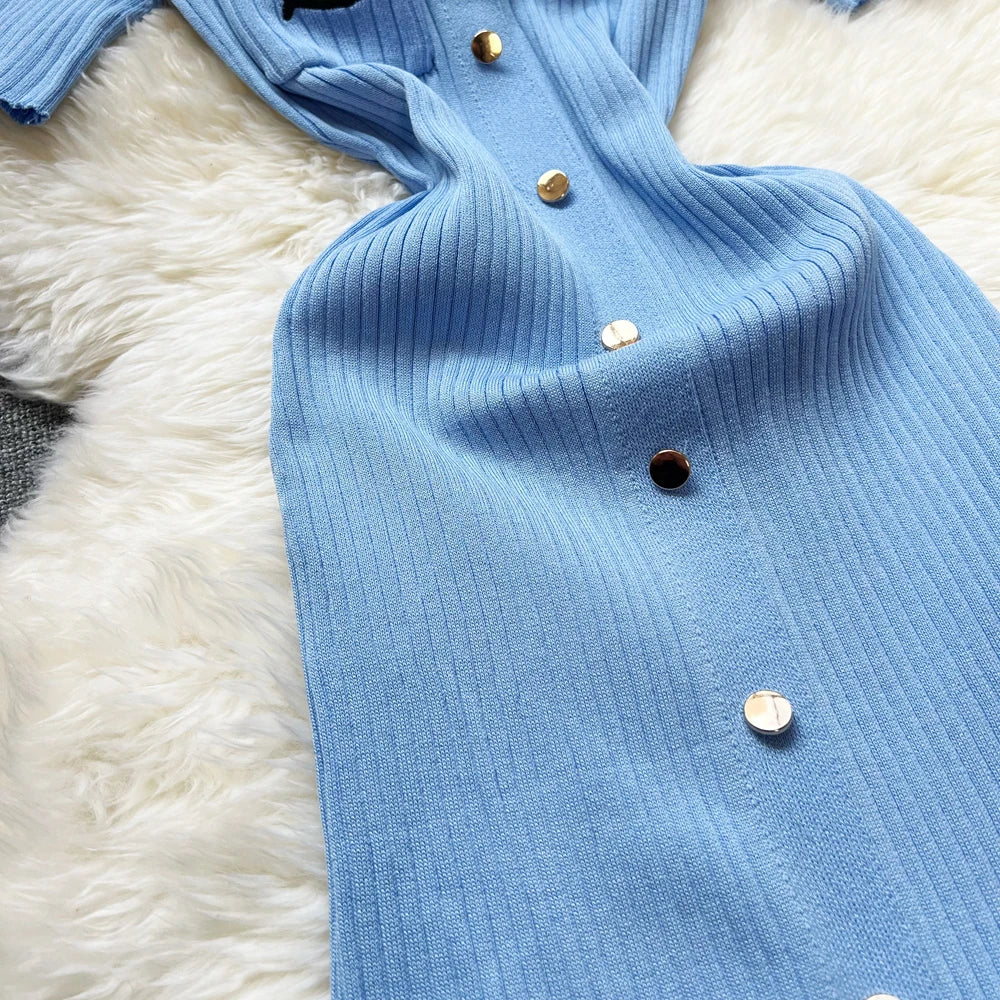 YuooMuoo 2023 Neue Sommer Frauen Gestrickte Lange Kleid Elegante Stickerei Dünne Elastische Bodycon Pullover Kleid Büro Dame Vestidos.