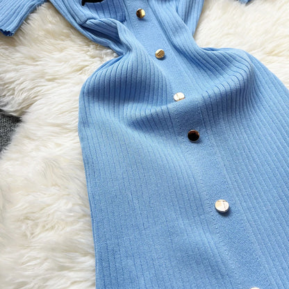 YuooMuoo 2023 Neue Sommer Frauen Gestrickte Lange Kleid Elegante Stickerei Dünne Elastische Bodycon Pullover Kleid Büro Dame Vestidos.