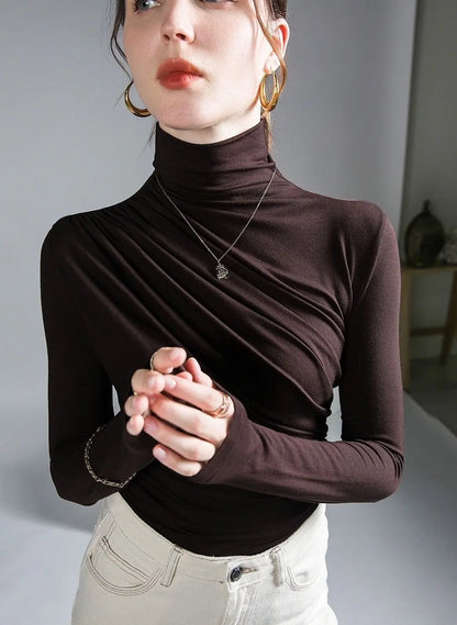 Pleated Stretch T-shirt New Spring Autumn Turtleneck Bottoming Pullover Women's Casual Elegant Basic Top Shirts Harajuku Gothic.