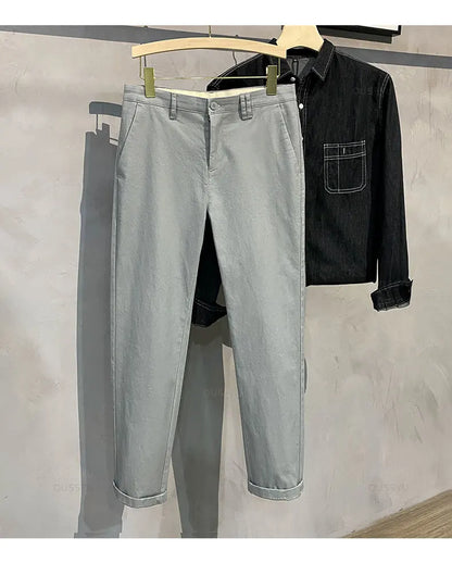 97%Cotton Autumn Winter Casual Pants Men Business Fashion Classic Solid Color Stretch Straigh Grey Khaki Brand Trousers Male 38.