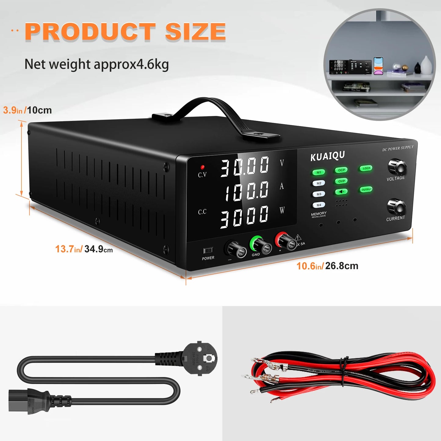 KUAIQU 3000W High Power Adjustable Bench Power Supply 1000V 300V 200V 100A 60A 30A Lab Power Supply OCP Alarm OVP Output Switch.
