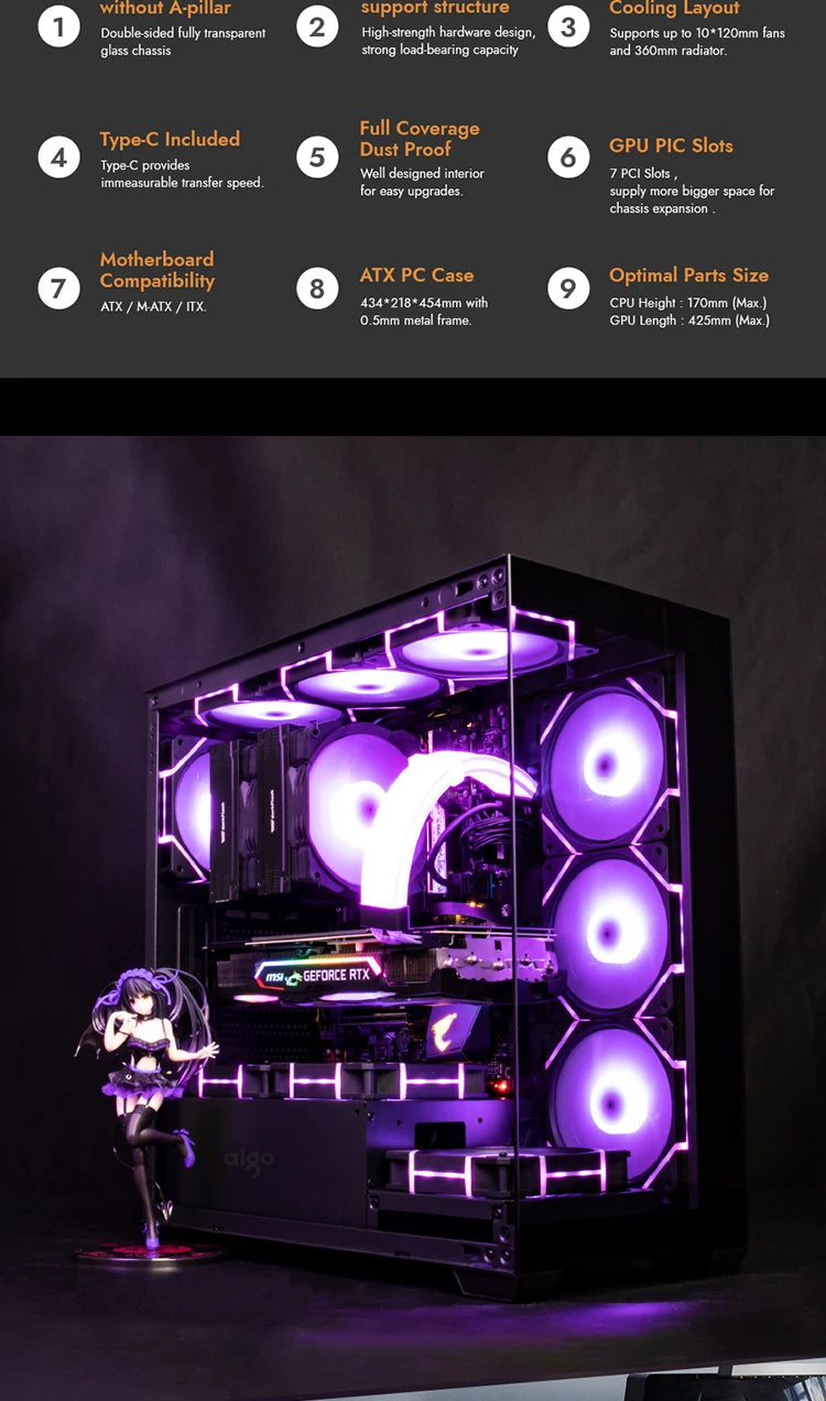 Aigo AS900 PC Case 270° Panoramic Design ATX M-ATX ITX Sea View Room Side Transparent Desktop Chassis Diy Gaming Computer Case.