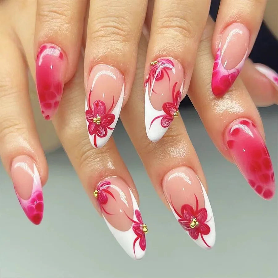 24Pcs Short Almond Press-On Nails Pink Floral French Tip Glossy&Elegant Full Cover Fake Nails for Women&Girls Spring,Daily Wear.