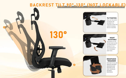 Durrafy Ergonomischer Bürostuhl, drehbarer Arbeitsstuhl mit verstellbarer Lordosenstütze und Armlehnen, für Home-Office-Gaming