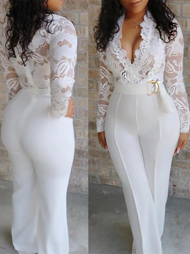 White Jumpsuits For Woman Lace Stitching Long Sleeve V-neck Wide Leg Pants With Belt Lady Romper Mono Women's Clothing Offers.
