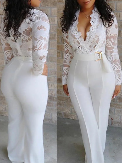 White Jumpsuits For Woman Lace Stitching Long Sleeve V-neck Wide Leg Pants With Belt Lady Romper Mono Women's Clothing Offers.