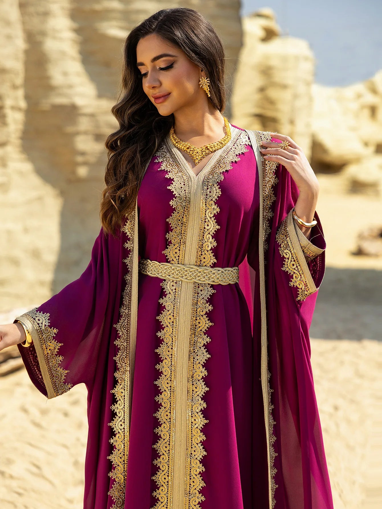 Eid Frauen Abaya Kleid Muslim 2-teiliges Set Strickjacke mit Innenkleid Schnürmantel Kaftan Robe Jalabiya Ramadan Marokko Kaftan 2025.