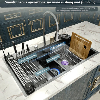 Stainless Steel Kitchen Sink Waterfall Outlet Faucet Multifunctional Large Single Slot Convenient Dishwashing and Vegetable Sink