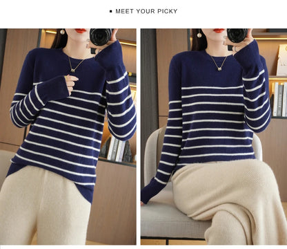 Herbst Winter neue Frauen O-Ausschnitt Farbe Streifen Pullover Wolle Mischung Mode weichen warmen Pullover Kaschmir lose lässig Strick Base Top