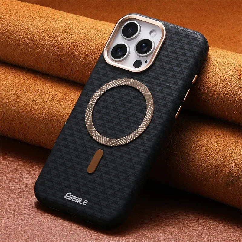 Luxury Leather Carbon Fiber Texture Phone Case For iPhone 13 14 15 16 17 Pro Max For Magsafe Wireless Charging Shockproof Cover.