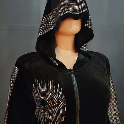 Long Sleeved Hooded Muslim Dress Velvet Diamond Clothing for Women Dubai Abayas Casual Korean Style Kaftan Evening Dress Abayas