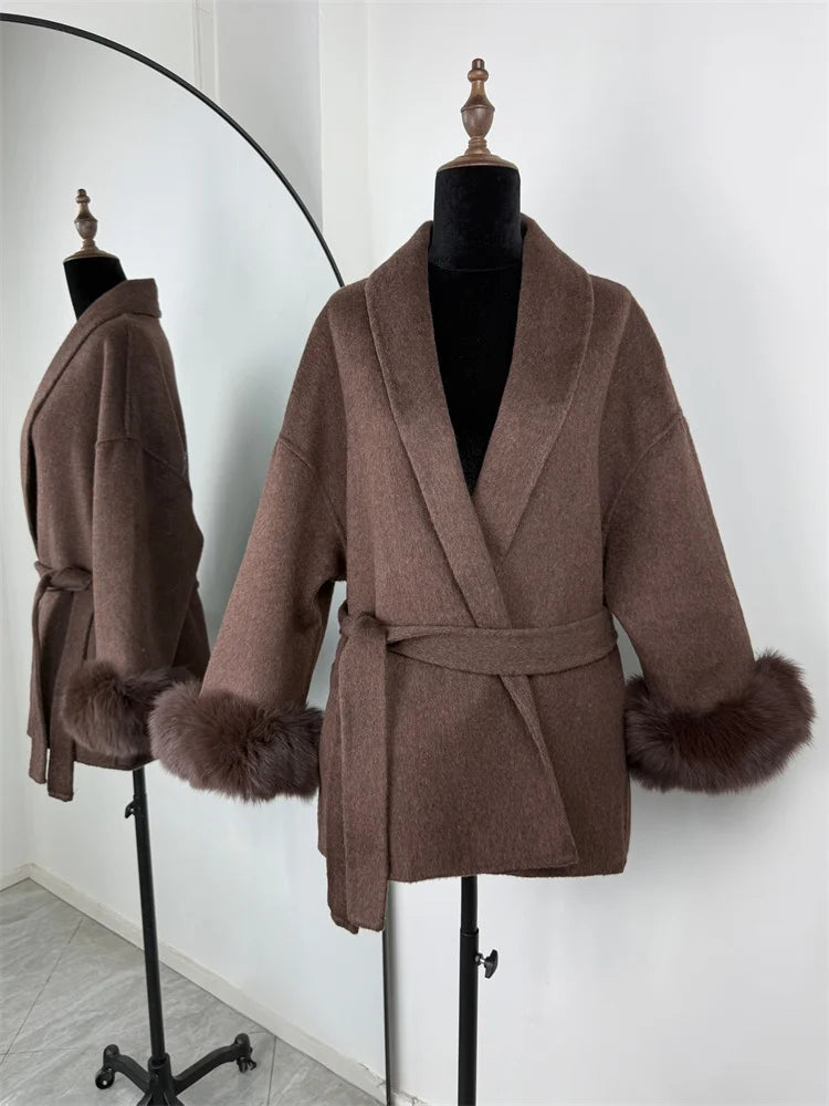 Tossy Fuchspelz-Wollmantel für Damen, kurzer Mantel, Bürodame, eleganter doppelseitiger Wollmantel, 2025, neue Strickjacke, Jacken, lockere Wolle