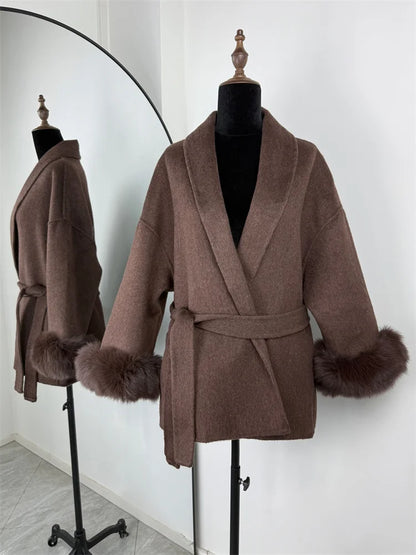 Tossy Fuchspelz-Wollmantel für Damen, kurzer Mantel, Bürodame, eleganter doppelseitiger Wollmantel, 2025, neue Strickjacke, Jacken, lockere Wolle