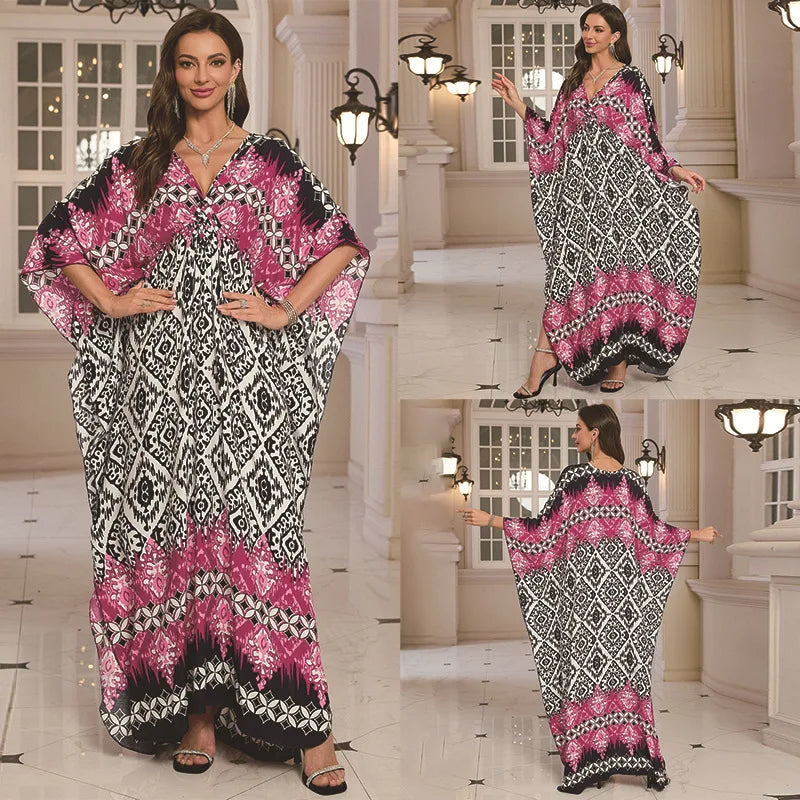 Kaftan-Kleider für Damen, Wellenhals-Badeanzug, Überwurf, Kaftan-Kleid, Übergröße, übergroßes langes Strandkleid.