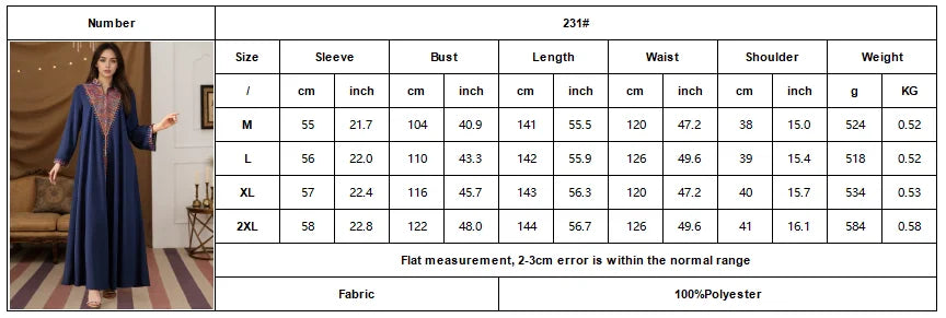 Trendy Muslim Abaya in Deep Blue Adorned with Intricate Multicolored Embroidery for Arabian Social Galas Modest Islam Fashion.