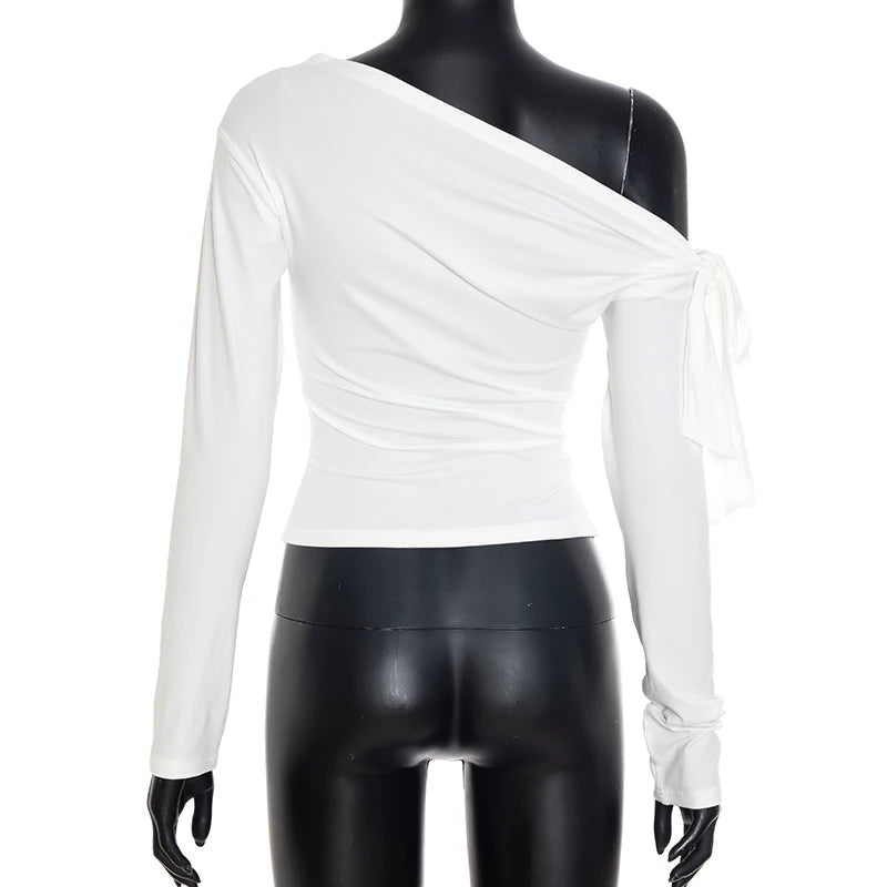 CUTENOVA Fall New Arrival Women Gathered One-Shoulder Twisted Tie-Front Asymmetrical Long-Sleeve T-Shirt Simple Casual Sweet Top.