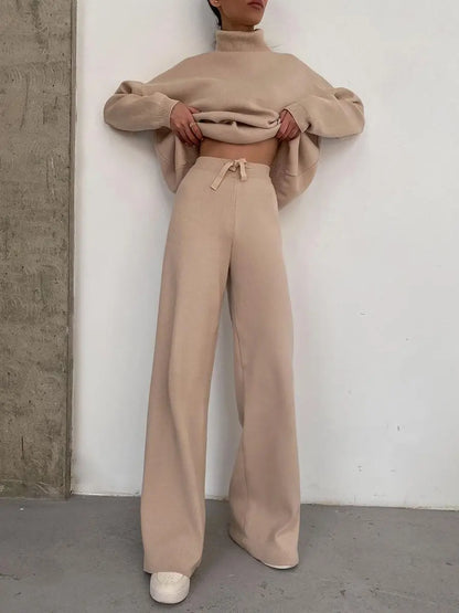 2023 AliExpress Cross border Long Sleeve Brown Temperament Wide Leg Pants Fashion Loose High Neck Casual Two Piece Sweater Set.