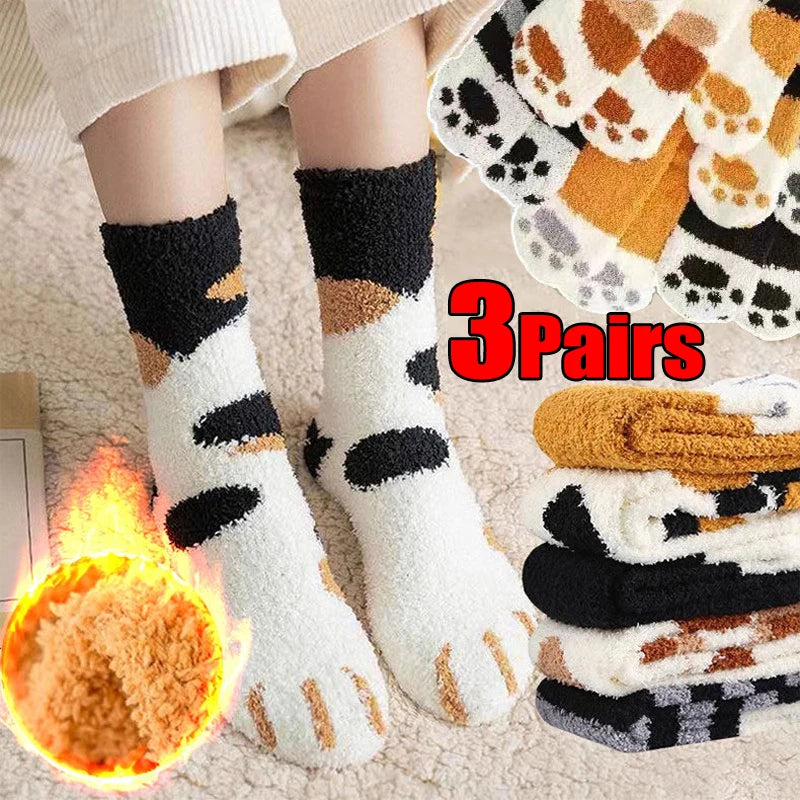 Women Socks Winter Warm Fluffy Socks Cute Animal Claw Cat Paw Footprint Fuzzy Socks Thicken Coral Fleece Home Floor Sleep Socks.