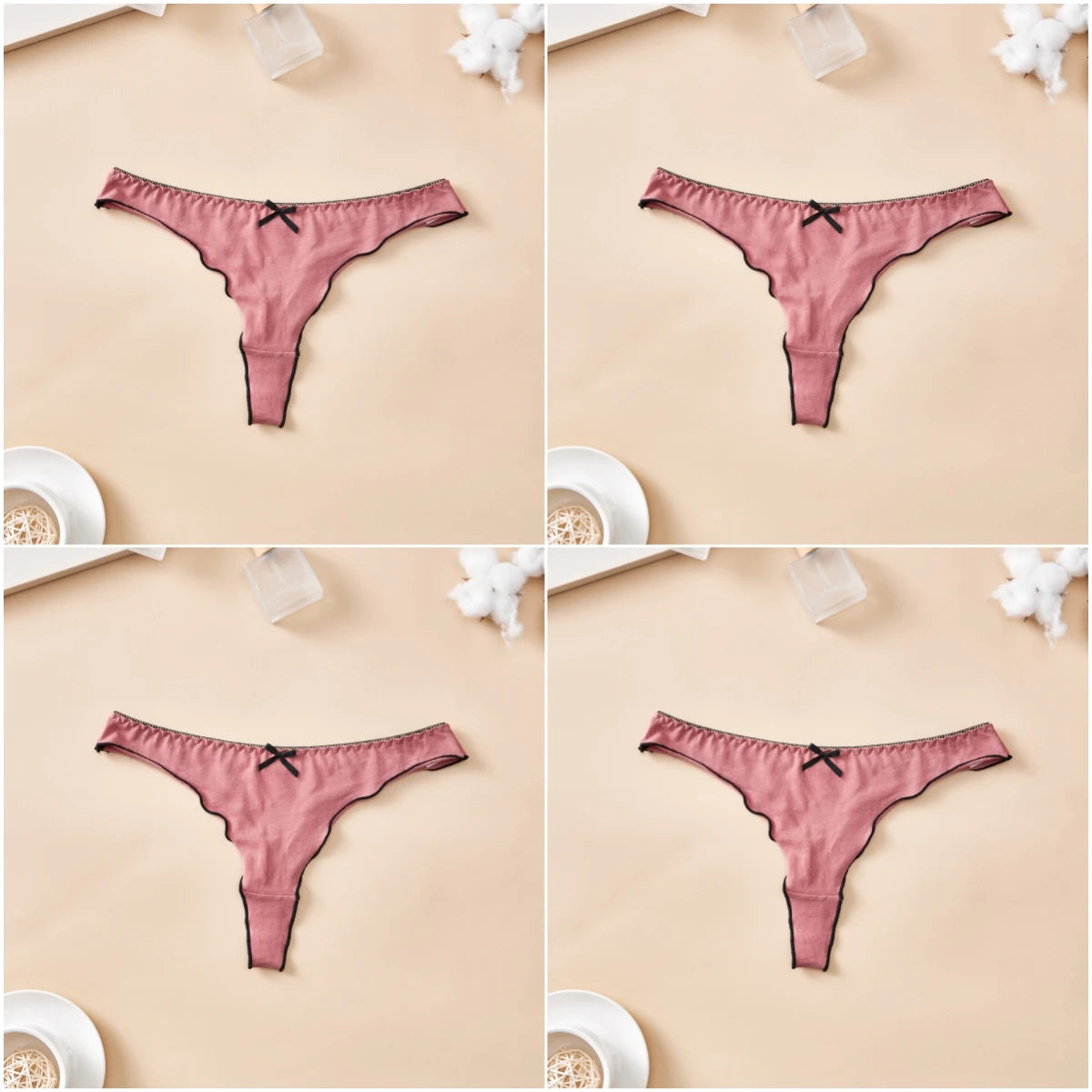 4pcs women's cotton solid color thong sexy comfortable women's underwear daily breathable T-back knitted bow cute girl low-waist.