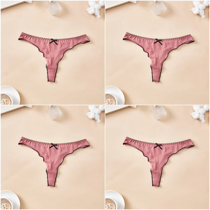 4pcs women's cotton solid color thong sexy comfortable women's underwear daily breathable T-back knitted bow cute girl low-waist.