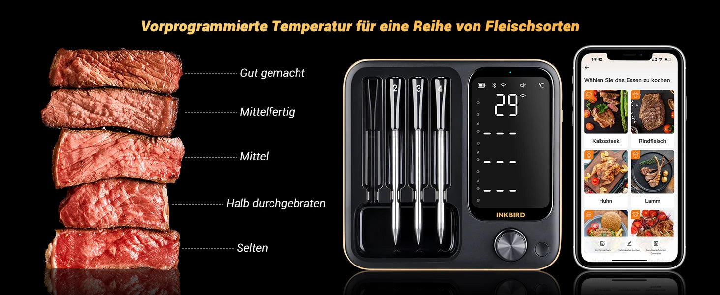 INKBIRD INT-14-BW 3-Mode WiFi/Bluetooth BBQ Thermometer, 4 Wireless Probes, IP67 Waterproof, ±1℃, 25H Battery, Smart App Control.