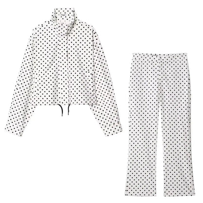 TRAFZA Herbst Polka Dot Gedruckt Jacke Für Frauen Lange Ärmel Rollkragen Zipper Mit Taschen Kordelzug Lose Vintage Mäntel