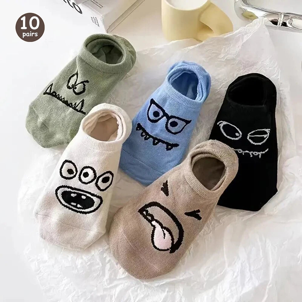5 Pairs Women Cartoon Patterned Socks Trendy Versatile Breathable Sweat Wicking Deodorizing Antibacterial Comfortable Socks