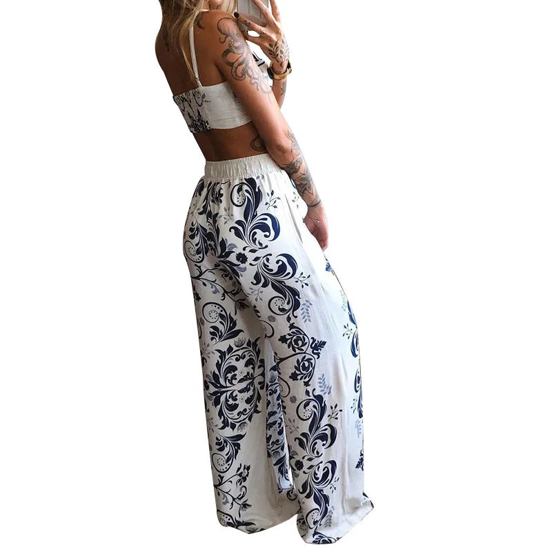 Sexy Two Piece Set Women Outfit 2025 Summer Butterfly Print V-Neck Cropped Top High Waist Drawstring Casual Wide Leg Pants Sets