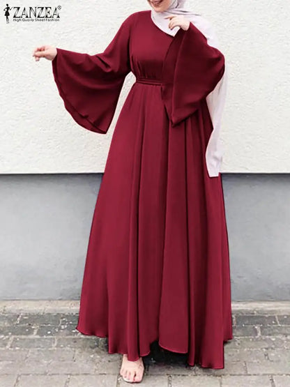 Frauen Lerisure Muslimischen Lange Kleid Übergroßen Vestidos ZANZEA 2023 Sommer Frühling Flare Ärmeln Soild Weibliche Türkische Robe Abaya