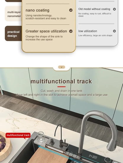 Wasserfall-Küchenspüle aus Edelstahl, multifunktional, groß, Einzelschlitz, Geschirrspülbecken, Küchenrenovierung