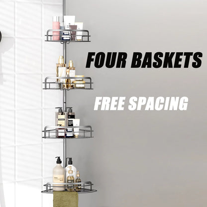 4-stufiges verstellbares Eck-Duschregal (82–296 cm) – kein Bohren, Spannstange, dreieckiger Organizer für Badezimmer, Küche, Aufbewahrung mit Haken