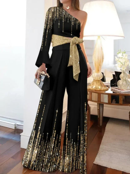 Womens Rompers Wide-leg Pants Off Shoulder Printed Casual Loose Printed Trousers Jumpsuit Women One Piece.