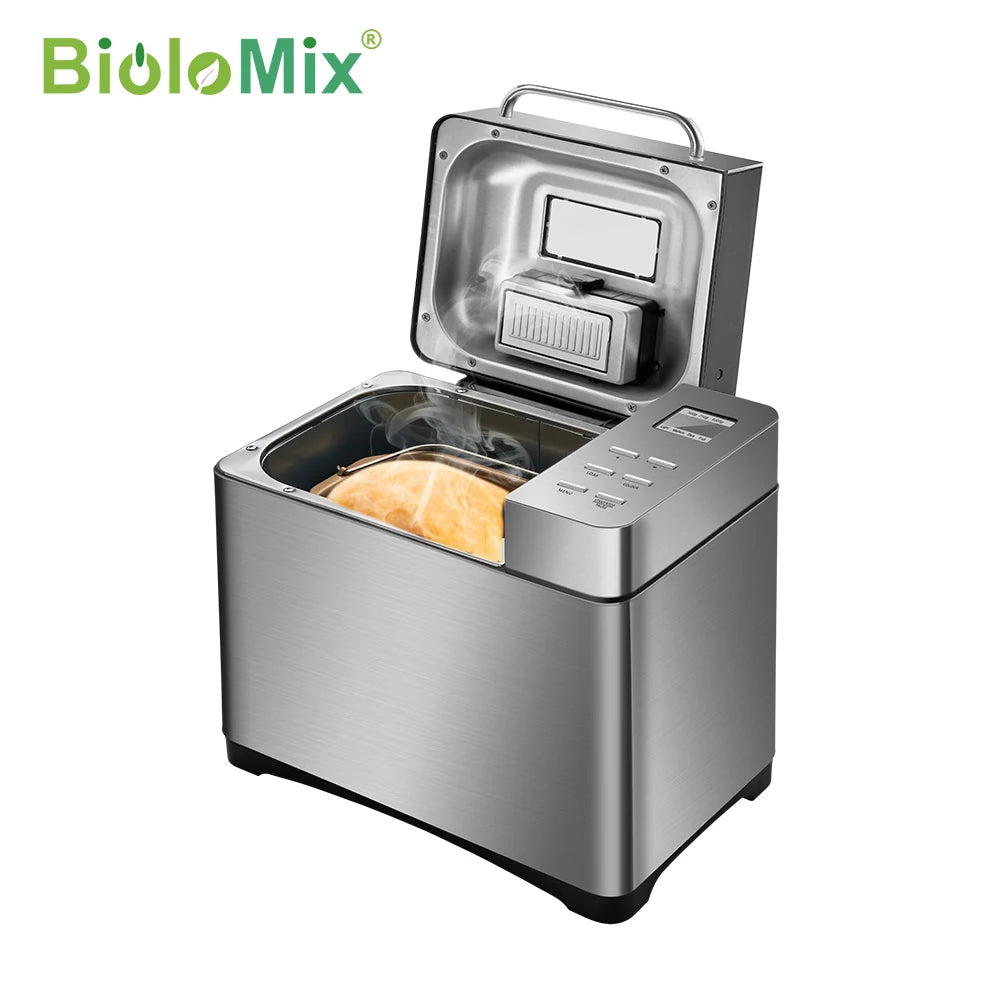 Biolomix Stainless Steel 1KG 19-in-1 Automatic Bread Maker 650W Programmable Bread Machine with 3 Loaf Sizes Fruit Nut Dispenser.