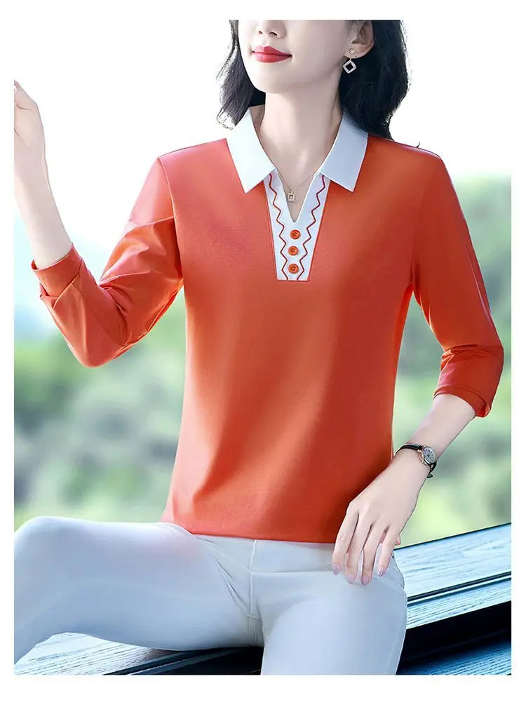 2025 Autumn New Women Clothes Office Lady Simplicity Patchwork Polo-Neck Top Tee Ladies Fashion Loose Buttons Long Sleeve Shirts.