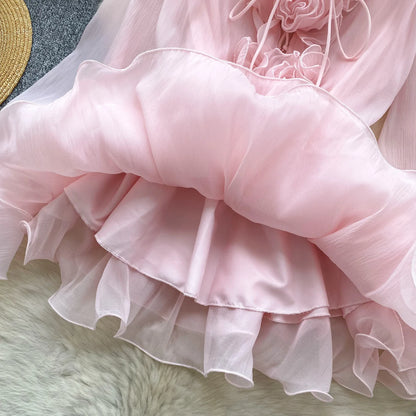 SINGREINY 3D Floral Strand Kurzes Kleid Weibliche Lange Ärmel Spitze Up Rüschen Chiffon Kuchen Sommerkleid Sheer Sexy Vintage Bohemian Kleid