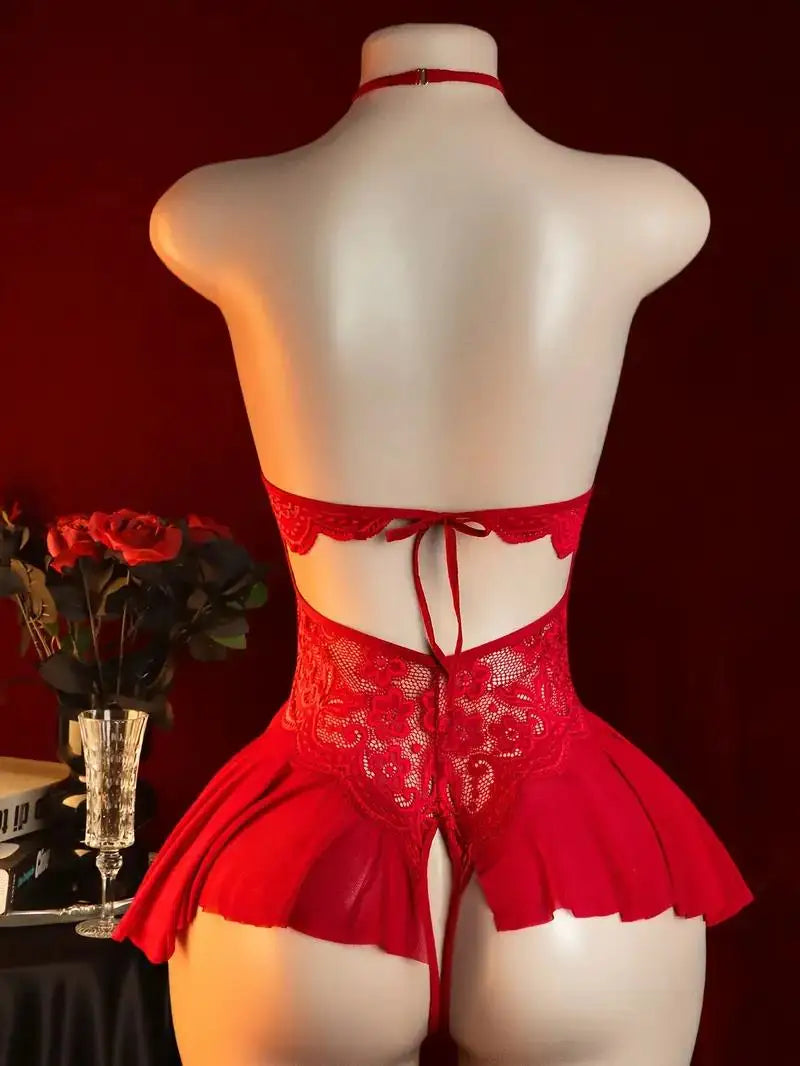 2025 New Women's Sexy Babydolls Nightdress Erotic Costume Open Crotch Porn Lingerie Set Deep V Teddy Bodysuit Red Underwear Xxx.