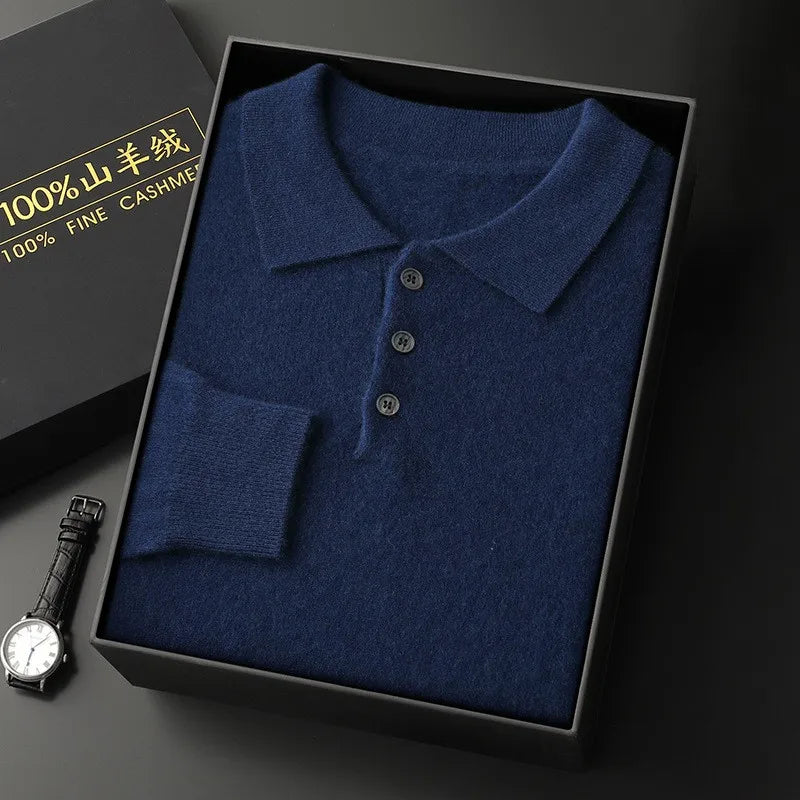 Luxury Men Cashmere Sweater 100% Merino Wool Buttoned Pullover Autumn Winter Polo Collar Knitwear Male Casual Warm Jumper Tops.