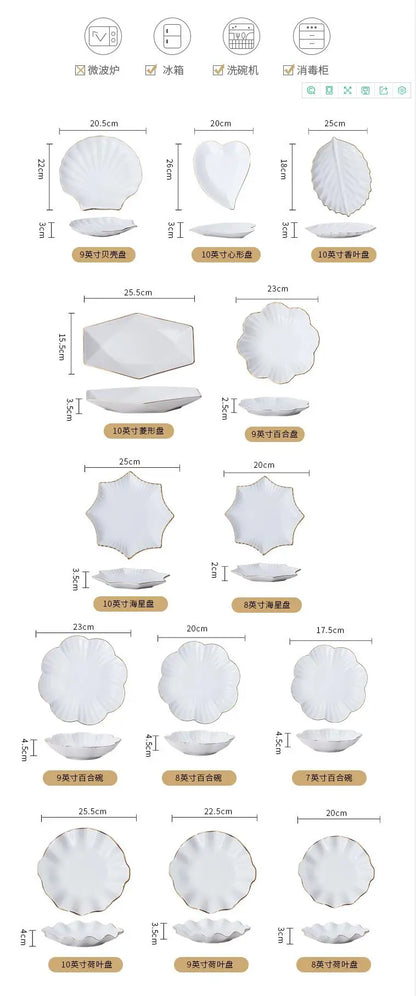 European Golden edged ceramic plate creative home serving plate special-shaped ceramic cutlery dinner plates fruit snack plates.