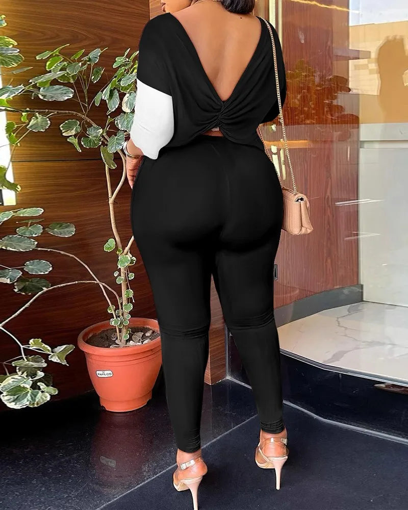 Autumn Women's Clothing New Fashion Print Sexy Backless Round Neck Five Quarter Sleeve Pants Two-piece Casual Comfortable Set.