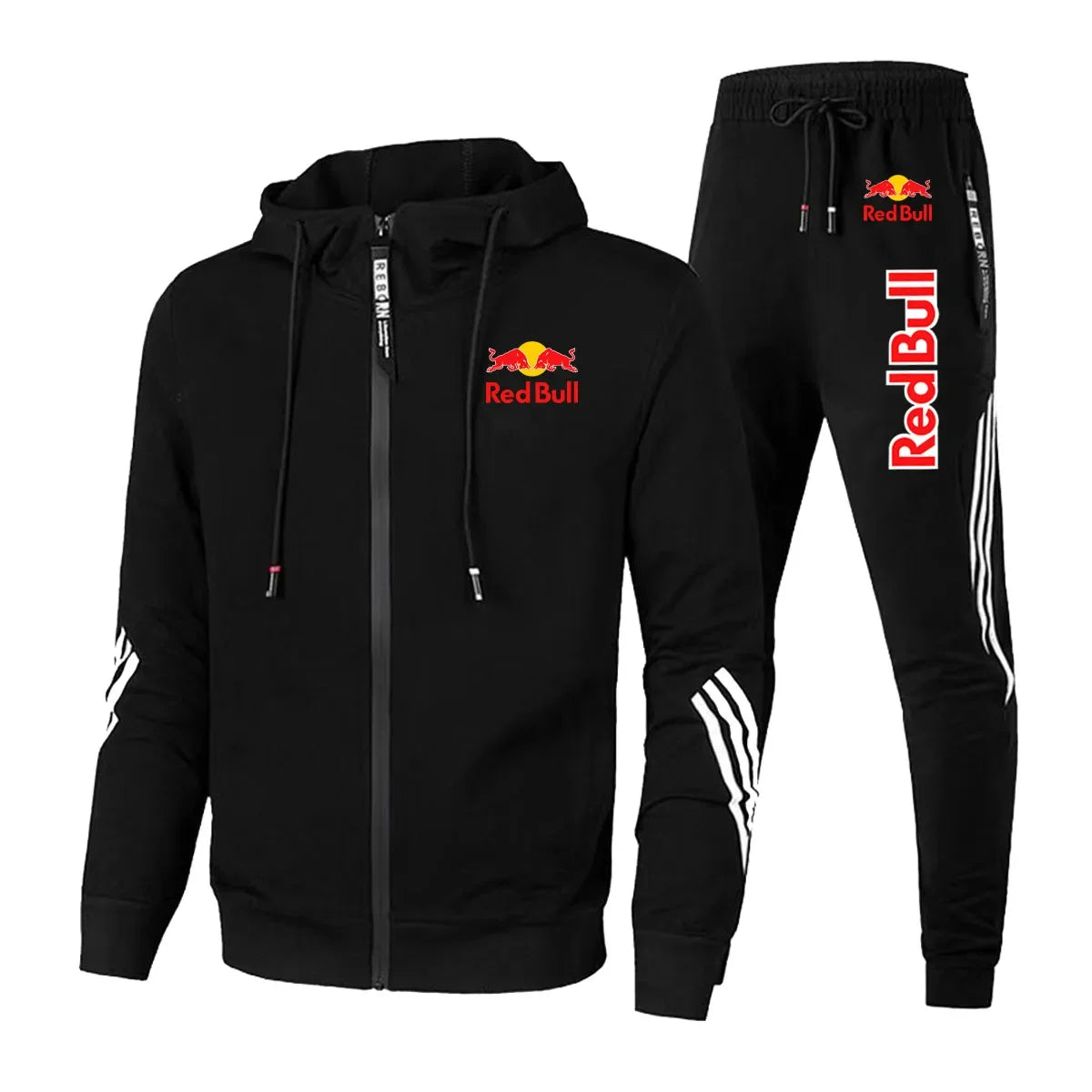 2025 Red Bull Brand Logo Printed Men's Zipper Hoodie With Casual Trousers Cycling Sports Two-piece Solid Color Simple Men's Suit.