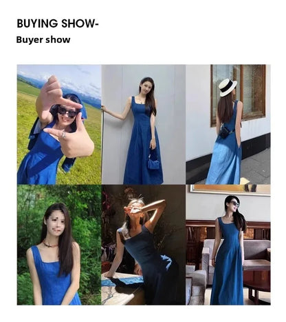 Blue Mist Love Französisches Jeanskleid für Damen, Sommer, einzigartiges Design, Taille, Cinching-Riemen, langes Kleid, elegante blaue Polyesterfaser.