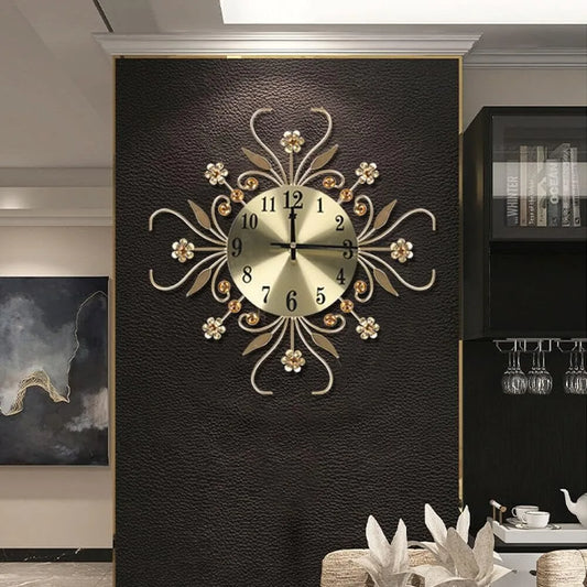 3D-Digital-Wanduhr, Quarz, moderne Blume, Diamant-Dekoration, analoge Uhr, Metalluhr für Wohnzimmer, Schlafzimmer, Gold